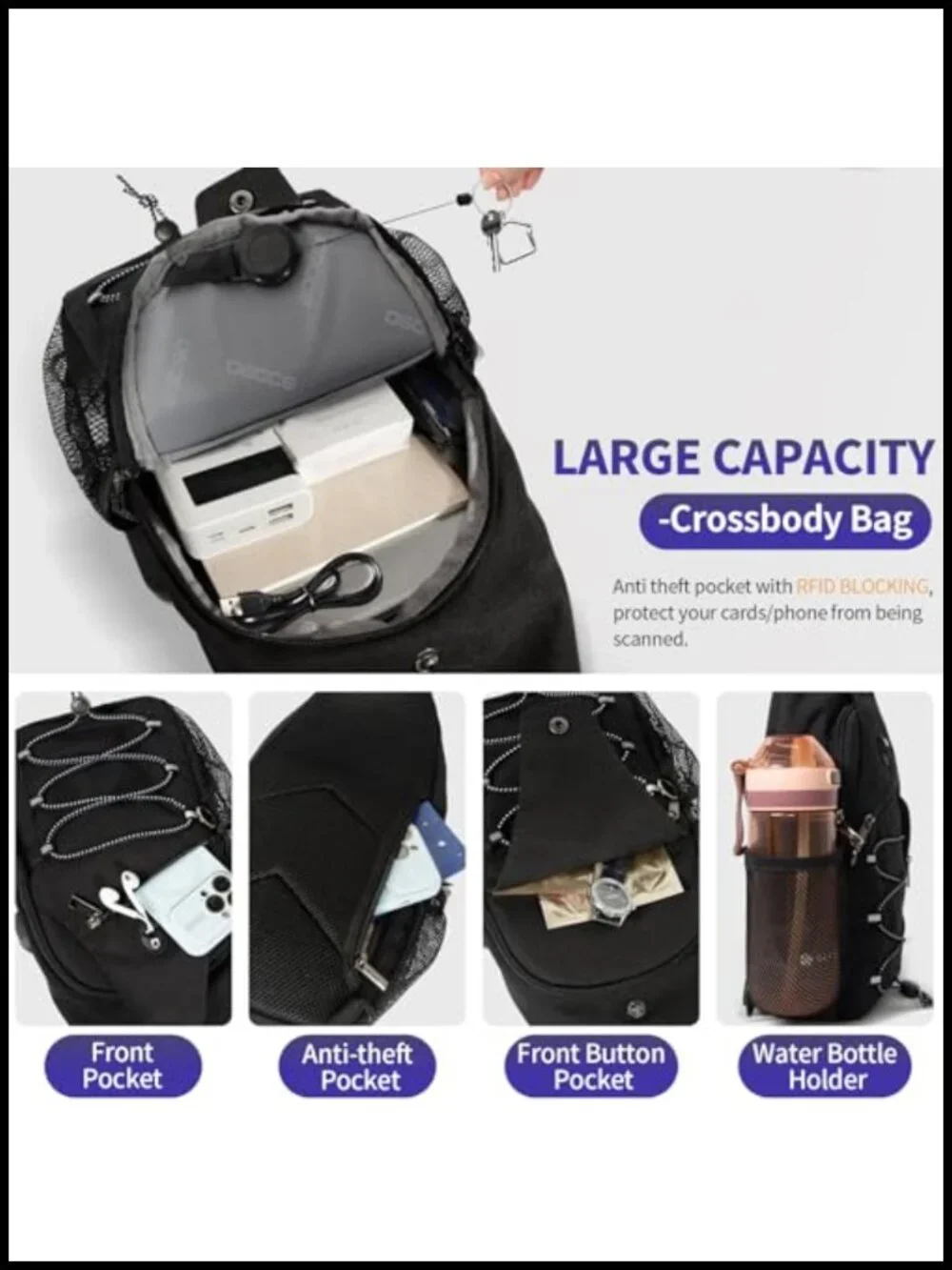 Anti-Theft Crossbody Sling Bag for Men, Water-Resistant Nylon, with RFID